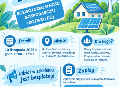 SZKOLENIE - w ramach Przedsięwzięcia P3.3. Wspieranie przedsiębiorczości w zakresie OZE oraz innych technologii i rozwiązań proekologicznych – rozwój działalności gospodarczej (ROZWÓJ DG)